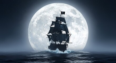 A mysterious pirate ship with a Jolly Roger flag is silhouetted against a large, luminous full moon at sea.