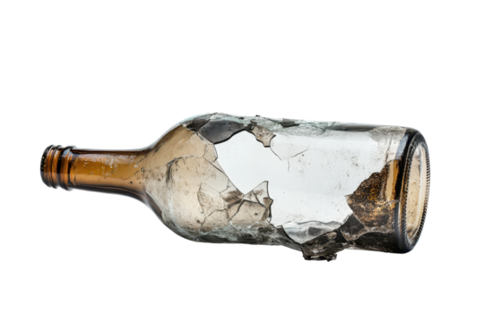Broken glass bottle lying on its side with a transparent background highlighting the sharp edges and fractured surface details