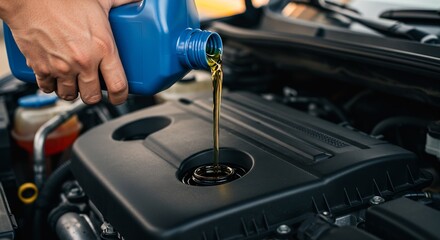 A person pouring oil from a blue bottle into a car engines oil filler