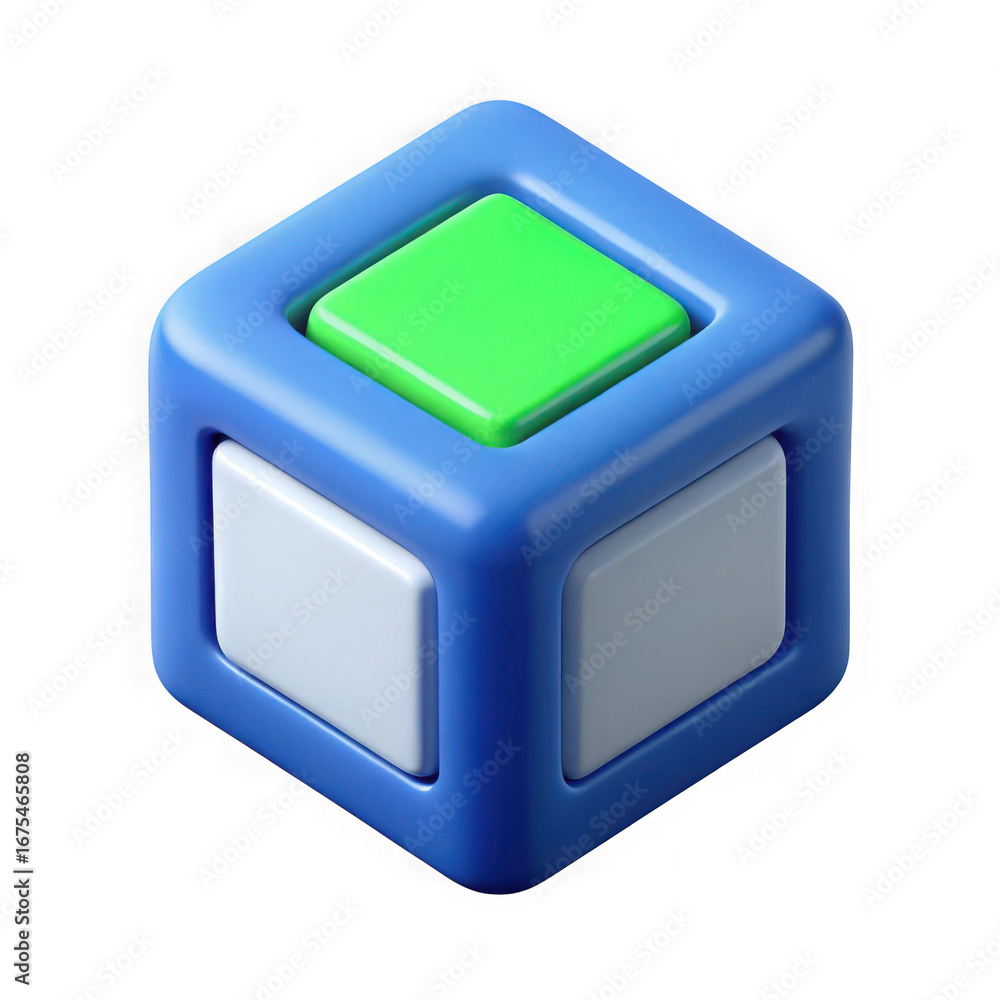 Poster blue cube with green and white buttons on transparent background