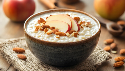 Delicious creamy rice pudding dessert garnished with sliced apples, almonds and nuts