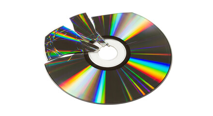 Broken compact disc with colorful reflections isolated on transparent background for design purposes