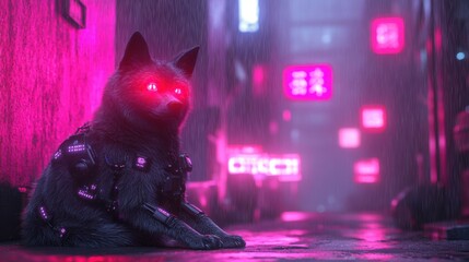 Cyberpunk canine in neon-lit alley with glowing eyes and futuristic tech armor