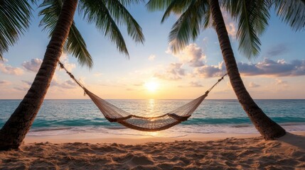 Tranquil beach sunset with palm trees and hammock by the ocean