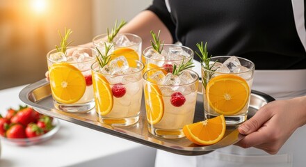 A waiter serves a tray of refreshing gin and tonic cocktails garnished with orange slices and rosemary