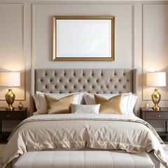 Luxurious bedroom interior with tufted headboard gold frame lamps and bed with pillows and nightstands