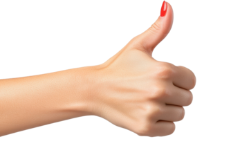 Woman shows thumbs down gesture with hand against white background highlighting disapproval and disappointment