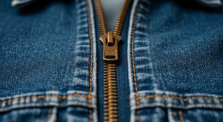 Close-up of a Brass Zipper on a Textured Denim Jacket