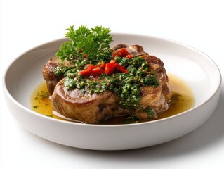 Juicy tender beef steak topped with fresh herb parsley and spicy chili peppers served with flavorful herb butter in a white bowl on a plain background