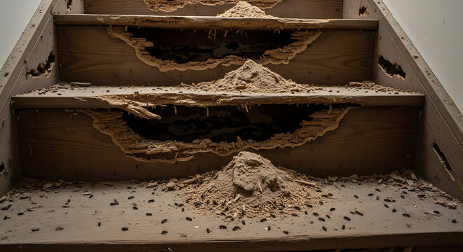 Damaged wooden stairs with termite damage and debris