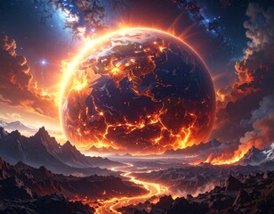 Fantasy illustration of early Earth glowing with molten lava against cosmic galaxy sky