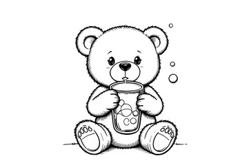 Obraz premium A charming black ink line art drawing of a teddy bear sipping bubble tea, with a playful and whimsical style, isolated on a clean white background.