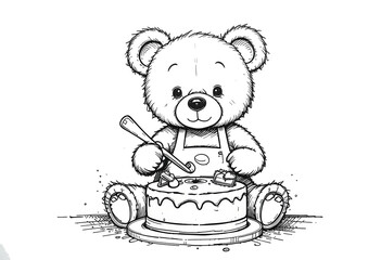 A charming line art drawing of a teddy bear baking a cake, drawn in a playful and expressive style on a white background.