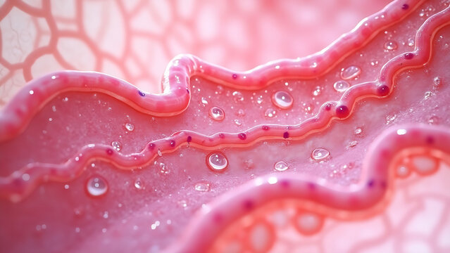 Microscopic image showing lymphatic capillaries within intestinal tissue.