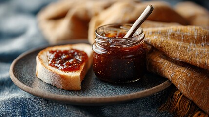 Rustic fig jam jar beside charcoal plate with toast, mustard linen napkin gently draped, soft ambient light