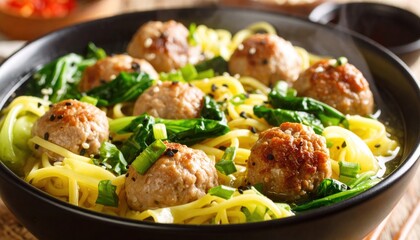 Asian Meatball Noodle Soup Delicious Meal with CloseUp.
