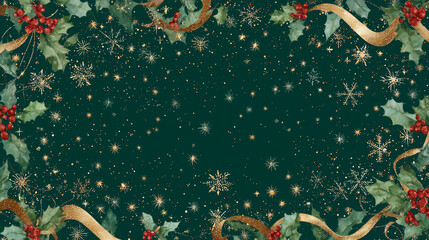 Luxurious Dark Green Christmas Background with Festive Holly, Red Berries, and Golden Ribbon. Elegant Holiday Template for Greeting Cards and Banners with Copy Space