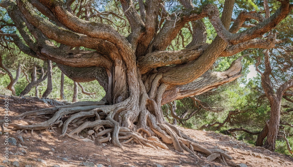 Poster unique firefly surrealism tree with intricate roots creating a striking natural form in a serene for