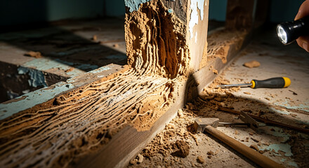 Termite damage on wooden structure, pest control inspection with flashlight