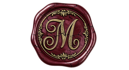 Elegant wax seal featuring a beautiful golden letter M on a burgundy background isolated on transparent