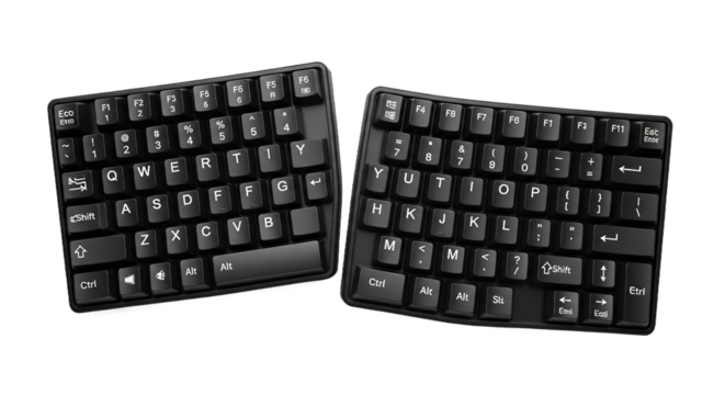 Two Ergonomic Black Computer Keyboards Top Down View