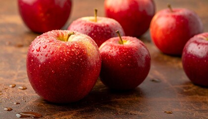 Six fresh red apples with water droplets rest casually on a brown surface—highlighting natural texture, ripeness, and visual appeal in a clean, appetizing food composition.