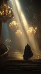 Dark Figure in Ornate Gold Interior with Dramatic Lighting