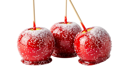 Three delicious red candy apples covered in sugar isolated on transparent background