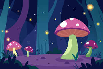 Enchanting forest scene with glowing mushrooms and fireflies at night