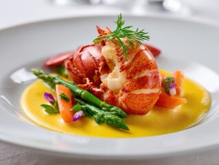 Gourmet lobster tail dish served with asparagus and vegetables on a plated presentation with a rich yellow sauce garnished with fresh herbs and edible flowers