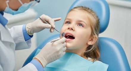 Naklejka premium Young Girl Receives Dental Checkup at Clinic with Professional Dentist Examining Teeth for Health and Hygiene