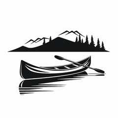 Serene lake with boat mountains and pines vector drawing silhouette