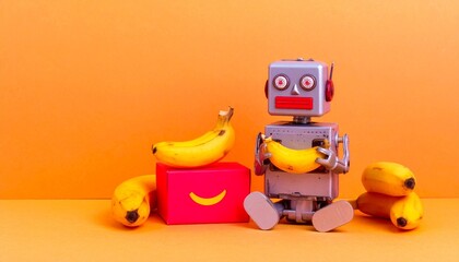 Retro toy robot with square head, red features, and round eyes stands on orange surface holding a banana, flanked by more bananas and a red box with a smiley face—evoking whimsy and playful tech-natur