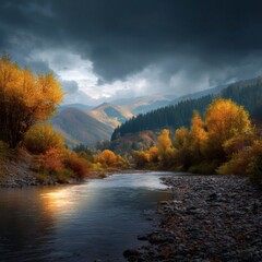 Autumn mountain landscape with river, colorful trees, golden reflection, dramatic sky, panoramic 16:9 view 