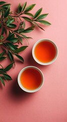 Flat lay of two bowls of tea and some green leaves on the left side, set against a pink background