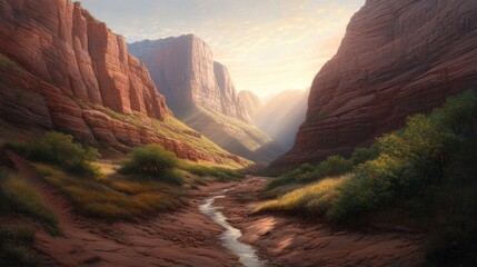 Majestic canyon landscape at sunrise with rugged cliffs and serene stream