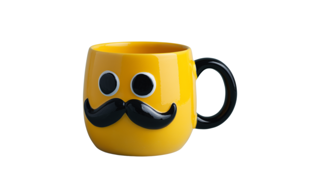 Funny Yellow Coffee Mug with Mustache and Eyes Isolated on Transparent Background