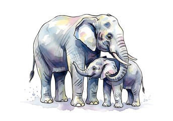 Obraz premium Watercolor painting of a mother elephant tenderly embracing her baby elephant