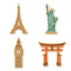 World landmarks papercut layered clipart 2x2 pack transparent background PNG Eiffel Tower Statue of Liberty Big Ben Torii gate isolated square
