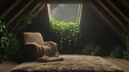 Cozy attic retreat with starry sky view through rustic window surrounded by lush greenery