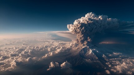 Breathtaking, high-altitude aerial drone photograph captures a volcano powerfully erupting, sending a massive plume of grey ash and smoke high up.
