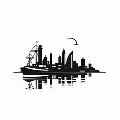 Fototapeta premium Majestic urban skyline with vintage ship and reflections creates impressive silhouette