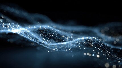 Abstract data visualization, flowing blue and silver light particles, connected grid nodes on dark background, minimalist technology art, fintech, artificial intelligence global communications concept