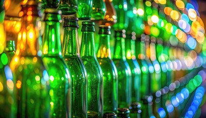 Green glass bottles in a row with bokeh background.