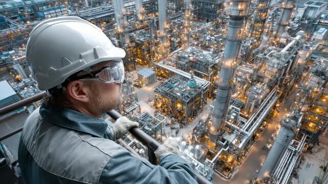 Engineer Overlooking Industry: A dedicated engineer stands at the cusp, gazing over a complex industrial panorama, representing competence and the spirit of progress.