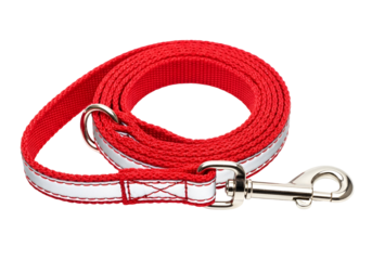 A coiled red dog leash with reflective white stripes and a metal clasp is presented against a black backdrop.