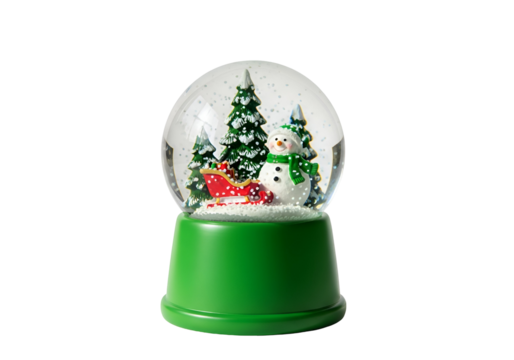 A Christmas snow globe features a charming snowman and sleigh, nestled amidst snow-dusted evergreens, within a transparent sphere.