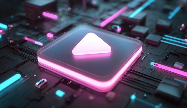 Play button, glowing pink, on a circuit board, futuristic, technology