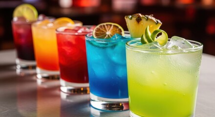 Fototapeta premium A row of colorful cocktails with garnishes on a bar counter