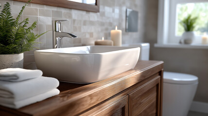 Fototapeta premium Elegant bathroom scene featuring polished vanity sink, clean white toilet, large mirror, and soft natural light with light and dark tiled walls and textured stone flooring